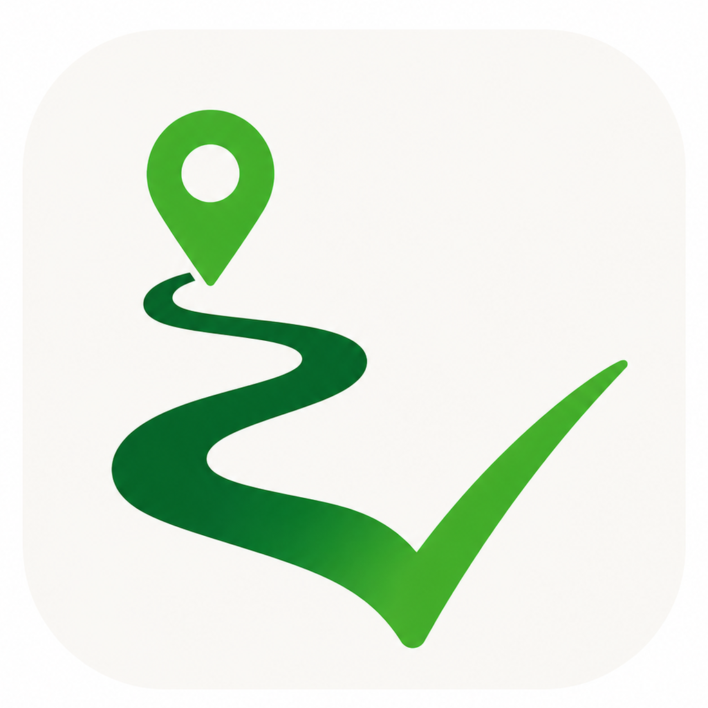 VinkJeRoute-logo: een groene route die eindigt in een vinkje